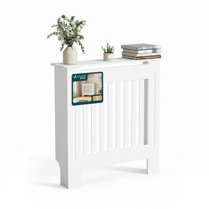 Cache radiateur en MDF avec lattes et etagere 78×19×82 cm Blanc - vuunut.com