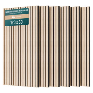 Lot de 6 panneaux acoustiques muraux Tasseaux en bois MDF avec feutre noir 120x60x2.1cm chêne blanc - vuunut.com