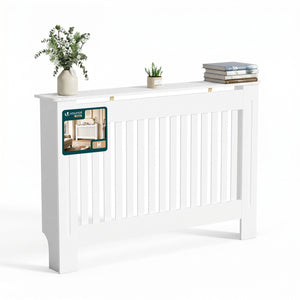 Cache radiateur en MDF avec lattes et etagere 111×19×82 cm Blanc - vuunut.com
