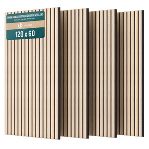 Lot de 4 panneaux acoustiques muraux Tasseaux en bois MDF avec feutre noir 120x60x2.1cm chêne blanc - vuunut.com