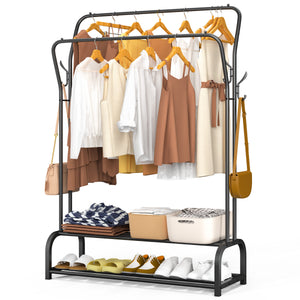 Portant a vetement double avec 2 niveaux etageres chaussures 4 Crochets Lateraux 108x35x145cm metal Noir - vuunut.com