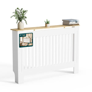 Cache radiateur en MDF avec lattes et etagere 111×19×82 cm Blanc Chêne - vuunut.com