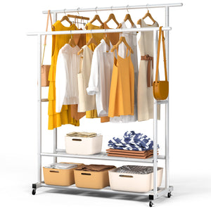 Portant a Vetements double avec roulettes et 2 etageres de rangement 121x40x147cm metal Blanc - vuunut.com