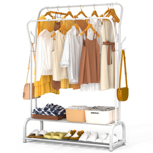Portant a vetement double avec 2 niveaux etageres chaussures 4 Crochets Lateraux 108x35x145cm metal Blanc - vuunut.com