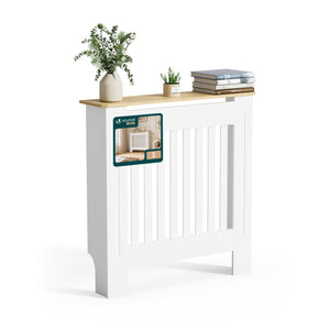 Cache radiateur en MDF avec lattes et etagere 78×19×82 cm Blanc Chêne - vuunut.com