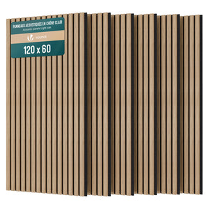 Lot de 6 panneaux acoustiques muraux Tasseaux en bois MDF avec feutre noir 120x60x2.1cm chêne clair - vuunut.com